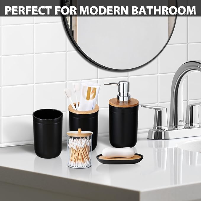 iMucci Bathroom Accessories Set 5Piece Black Bathroom Sets, Toothbrush Holder, Toothbrush Cup, Lotion Soap Dispenser, Soap Dish and Qtip Holder Bathroom Decor