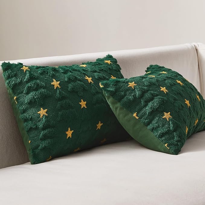 MIULEE Christmas Pillow Covers 12x20 Inch Set of 2, Dark Green Christmas Tree Plush Faux Fur Pillowcases Soft Decorative Throw Pillow Cases for Couch Sofa Living Room Winter Xmas Holiday Home Decor