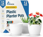 White 6-Inch Plant Pots with Drainage & Saucers 12 Pack, Indoor & Outdoor Planters for Houseplants, Herbs, and Flowers, Durable & Weatherproof Material, Stackable, Lightweight, Minimalist Design