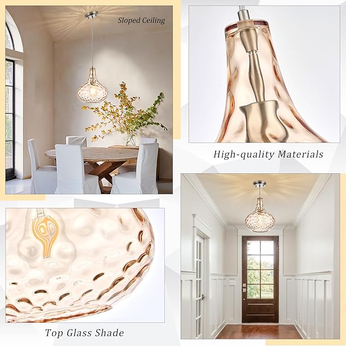 11" Amber Hammered Glass Pendant Light, Blown Glass Hanging Light Fixture with Brushed Nickel Finish, Vintage Modern Ceiling Light for Kitchen Island, Dining Room, Hallway, Living Room