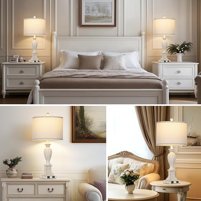 27" Farmhouse Table Lamps Set of 2 with USB C+A Ports & AC Outlet for Vintage Living Room Retro Bedroom,3-Way Dimmable Touch Lamp Resin Bedside Lamps for Nightstand Side End Table,Cream