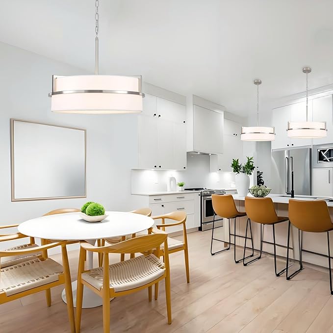 19.7" Modern Drum Chandeliers for Dining Room, 5-Light Brushed Nickel Chandelier with Round Linen Shades Hanging Large Drum Pendant Light Fixtures for Bedroom Living Room Entryway Foyer Kitchen