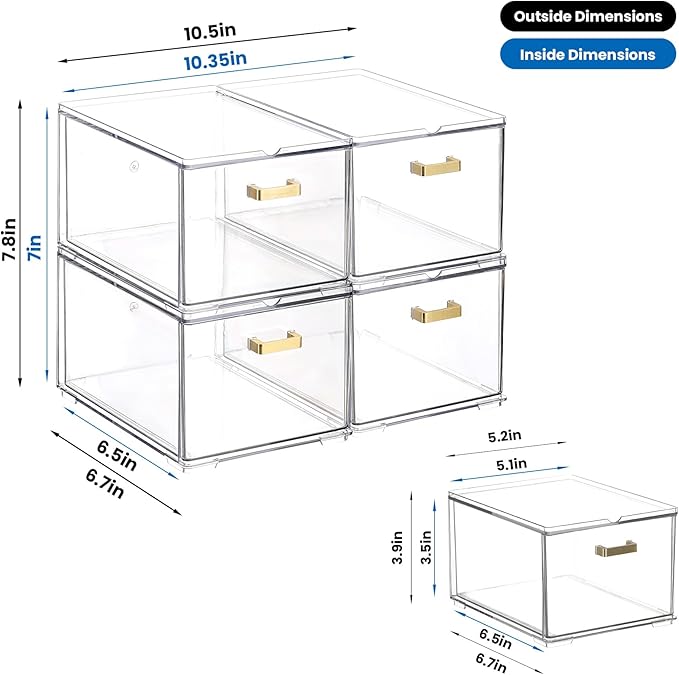 4 Pack Plastic Storage Bins, Acrylic Bathroom Makeup Organizer with Handle, Clear Small Stackable Storage Drawers for Vanity, Home, Kitchen Cabinet, Pantry, UnderSink Organization(6.7"D x 10.6" x 8"H)
