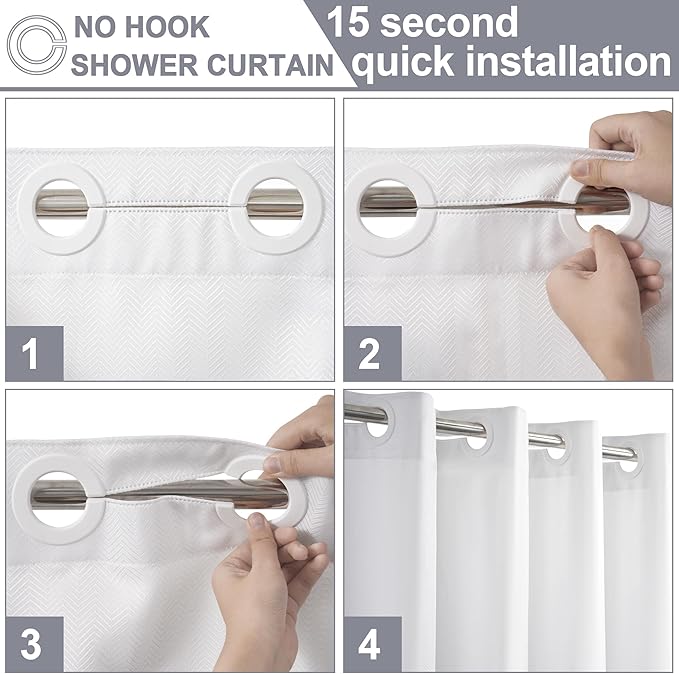 No Hook Shower Curtain, White Modern Chevron Striped Luxury Hotel Style, Washable Waterproof Fabric for Bathroom, 15 Seconds Quick Install, 72W x 74L Inches