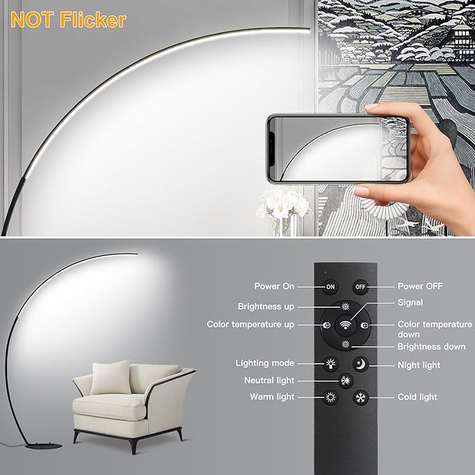 67in Dimmable LED Arc Floor lamp with 3 Color Temperatures, Modern Floor Lamps for Living Room, Standing Tall Lamp with Remote Control Reading Ambient Lighting for Bedroom Office Living Room