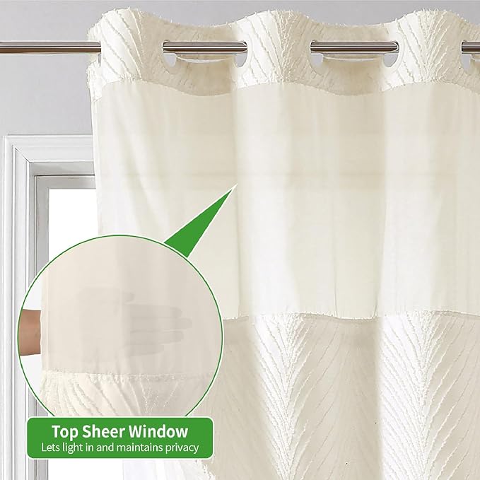 stall no Hook Tufted Shower Curtain with snap in Liner Set, White Waterproof Fabric Inner Liner,Boho Style Shower Curtain with See Through top Window, Cream, 54Wx80H