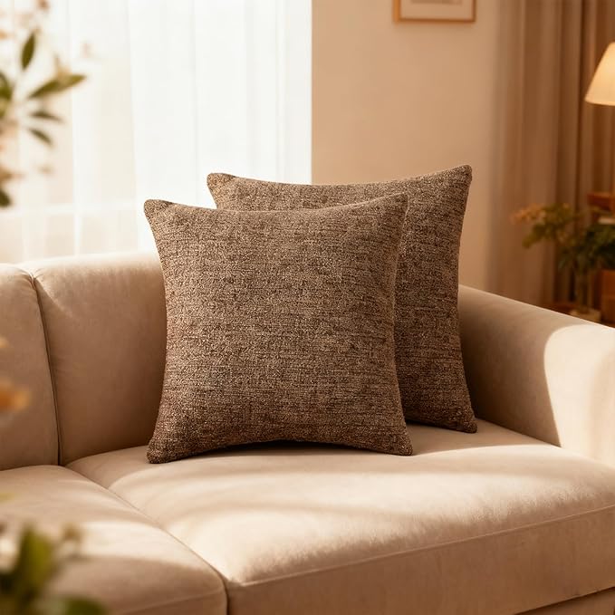 Throw Couch Pillow with Insert 18x18 Inches Set of 2 Square, Cute Modern Home Fall Decor for Living Room Sofa Bed Cushion Accent Case, Anthropologie Style Home Decor (Coffee Brown #P2-18)