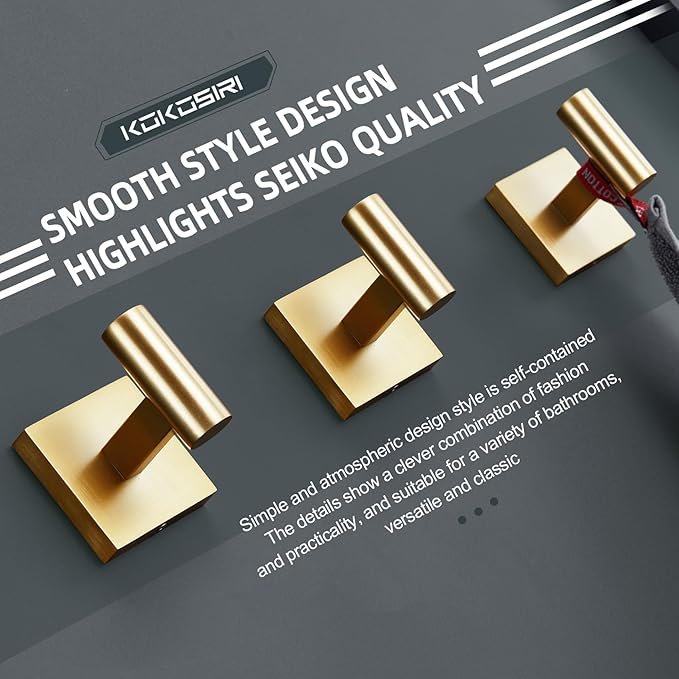 KOKOSIRI Robe Hooks Bathroom Towel Coat Hook for Bath Kitchen Wall 3 Pack Brushed Gold Stainless Steel B1013BG-P3