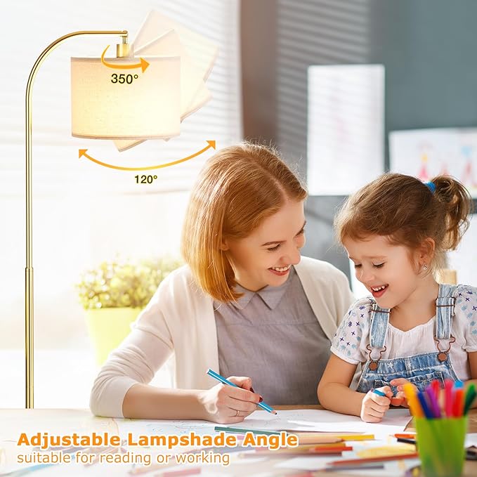 Arc Floor Lamp with Remote and Stepless Dimmable Bulb, Colors Temperature & Brightness Adjustable, Gold Floor Lamps for Living Room（Deep Beige Shade & Gold Pole）