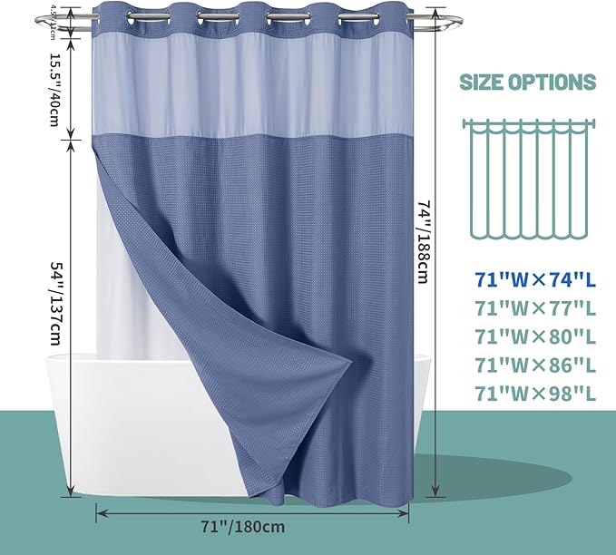 MoonLightBlue No Hook Waffle Weave Shower Curtain with snap-in Liner Replacement, 230GSM Waterproof Fabric Hotel Shower Curtain Set for Bathroom, Through Mesh Top Window,71Wx74H