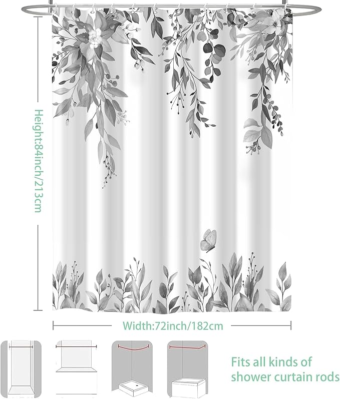 Eucalyptus Shower Curtain, Grey Watercolor Leaves with Floral Botanical Bathroom Decor, Waterproof Fabric Bath Curtain Set with Hooks, 72x84 Inches