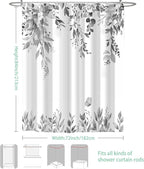 Eucalyptus Shower Curtain, Grey Watercolor Leaves with Floral Botanical Bathroom Decor, Waterproof Fabric Bath Curtain Set with Hooks, 72x84 Inches