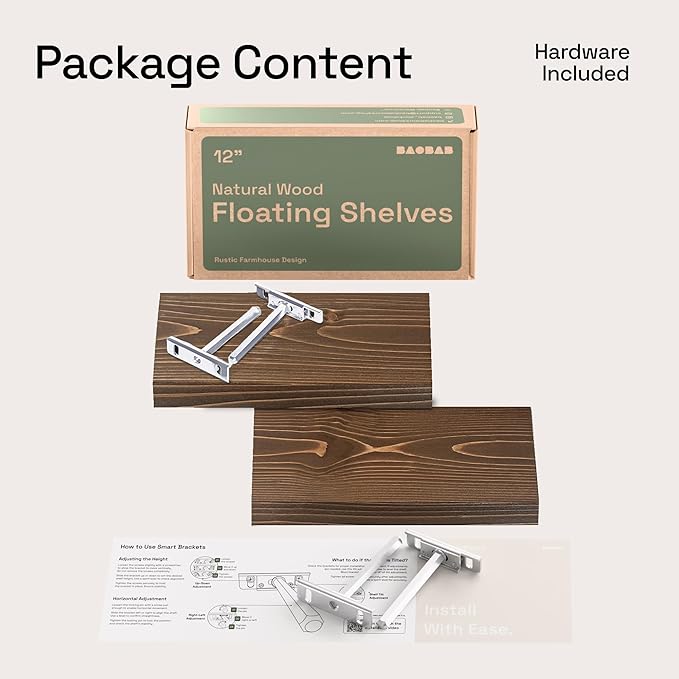 BAOBAB WORKSHOP Solid Wood Floating Shelves for Wall 12 Inch Wide, Small Wooden Shelf Kitchen, Bathroom Shelves for Room Wall Mounted Rustic Farmhouse, Walnut Floating Shelves, 12W × 6.7D, Set of 2
