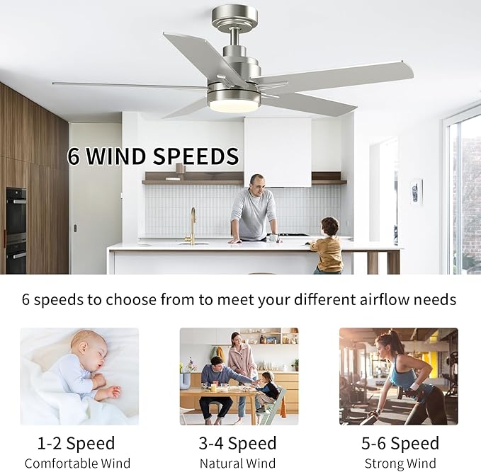 YUHAO 48 Inch Brushed Nickel Ceiling Fan with Light and Remote Control.Noiseless,Dimmable, 3CCT,6 Speeds Reversible, Modern DC Ceiling Fans for Indoor Use