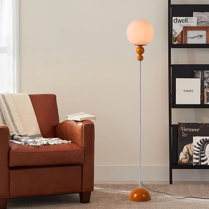 Modern Glass Floor Lamp for Bedroom, 63'' Vintage Mid-Century Floor Lamp with Milky White Frosted Glass Globe Shade for Living Room Corner, Slim Standing Reading Lamp for Office Decor (Signal Brown)