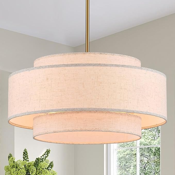 Modern 19.7" Drum Chandelier 4-Lights Vintage Modern Chandelier Light Fixture with Linen Shade Retro Farmhouse Drum Chandeliers for Dining Room, Kitchen Island, Living Room, Bedroom