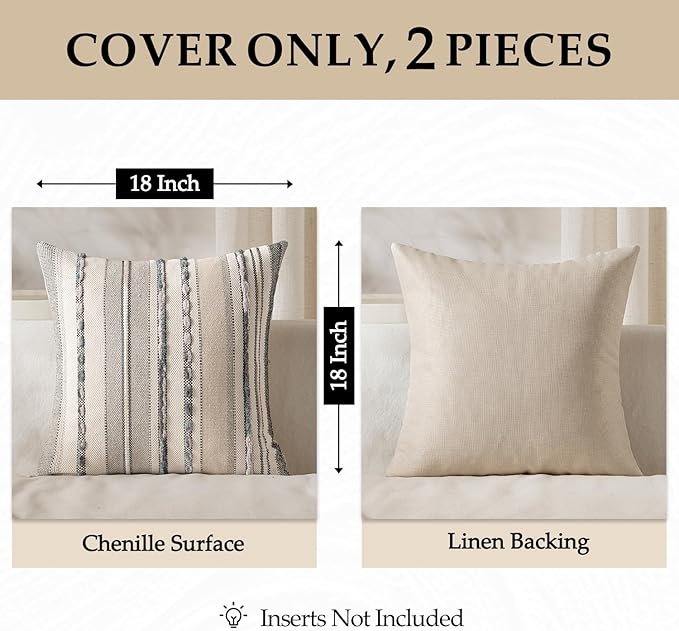 ANRODUO Pack of 2 Boho Decorative Throw Pillow Covers 18x18 Farmhouse Cushion Case Striped Chenille Pillow Cases Square Pillow Covers Accent Neutral Pillowcase for Sofa Couch Bed Fall, Gray Stripe
