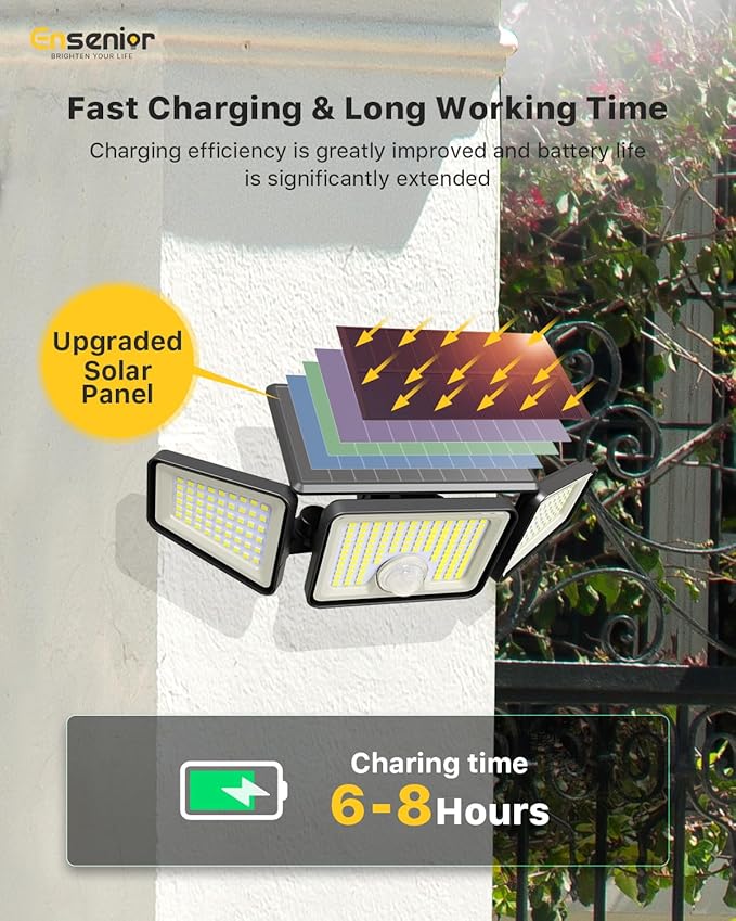 Ensenior Motion Sensor Outdoor Lights, 220 LED IP65 Waterproof Solar Security Light with Remote Control, 3 Heads Solar Flood Light Outdoor with 4 Modes, 270° Wide Angle Motion Light for Outside -4Pack