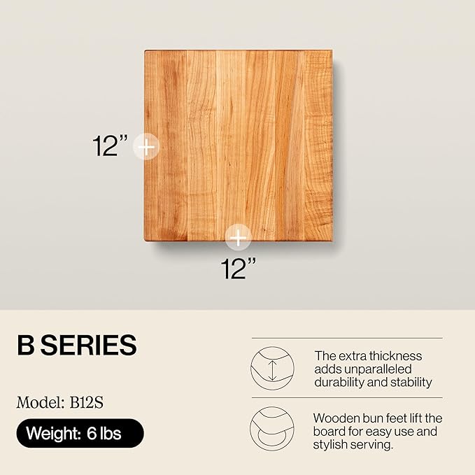 John Boos B Series Square Wooden Maple Cutting Board 12”x12” – 1.5” Thick, 6-lb Non-Reversible Butcher Block with Wood Bun Feet & Edge-Grain