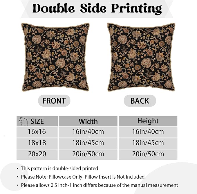 Vintage Tapestry Floral Soft Velvet Throw Pillow Covers Set of 2 Black Brown Bohemian Boho Carpet Flowers Decorative Pillow Covers 18x18 Inch Rustic Retro Rug Pillow Case For Sofa Couch Home Decor