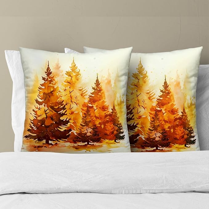 Fall Throw Pillow Covers 16x16 Pack of 2, Orange Nature Pine Forest Autumn Season Decorative Farmhouse Pillow Cases Cotton Linen Cushion Cover for Home Living Room Bed Sofa Car