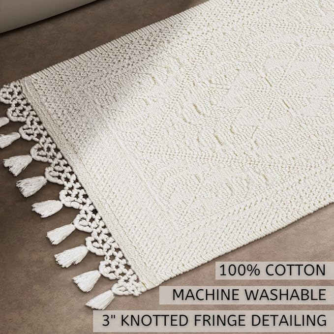 Savi Home Cotton Woven Jacquard Bathroom Rug Set of 2, Woven Fringe Bathroom Mats, 100% Cotton, Non - Slip Bath Mat, Durable Thick Bath Mat 17”x30”& 20"x38" with Fringes, Ivory
