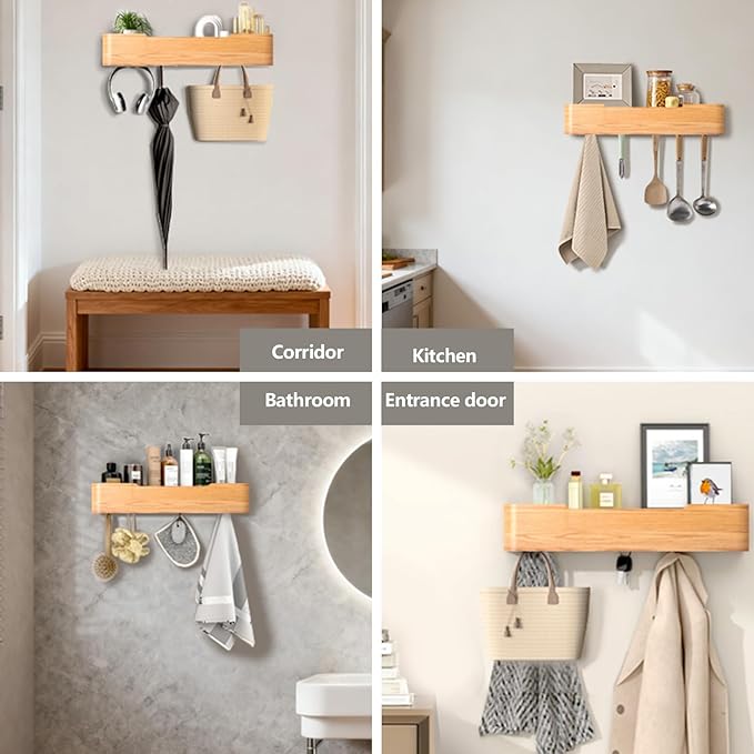 Pack Coat Rack Wall Mount Hidden Key Rack Entryway Hooks Solid Wood Veneer Panel Coat Hanger Wall Shelf with Hook Stainless Steel for Bedroom Kitchen Hallway Bathroom (Oak, 5 Hooks)