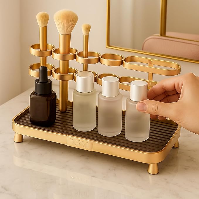 YUPER Bathroom Countertop Organizer, Vanity Organizer With Makeup Brush Holder, Countertop Tray for Skincare, Perfume, Cosmetics, Toothbrush, Toothpaste, Mouthwash