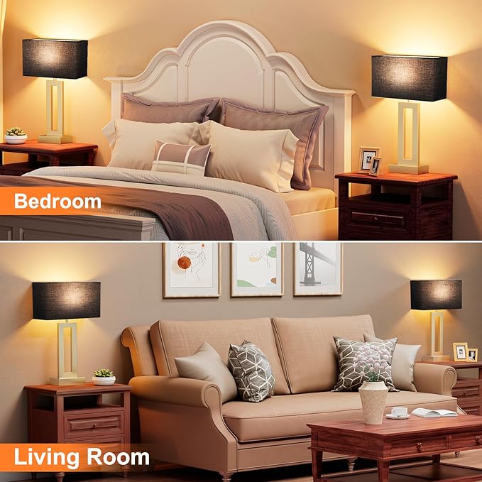 Nightstand Table Lamps for Bedrooms Set of 2 - Touch Bedside Lamp with USB C+A, 3 Way Dimmable Living Room Lamps for End Tables Set of 2(Black&Gold)