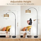 Arc Floor Lamp with Remote, Modern LED Floor Lamp with Dimmable Bulb, Boho Farmhouse Standing lamp with Fabric & Rattan Lampshades, Height Adjustable Black Tall Lamp for Living Room Bedroom
