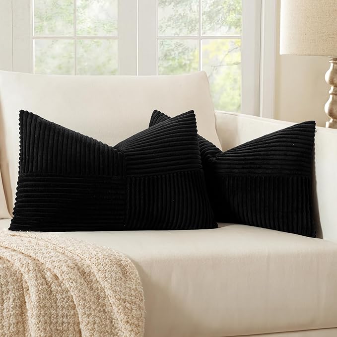 MIULEE Black Corduroy Pillow Covers Pack of 2 Boho Decorative Spliced Throw Pillow Covers Soft Solid Couch Pillowcases Cross Patchwork Textured Cushion Covers for Living Room Bed Sofa 14x22 inch