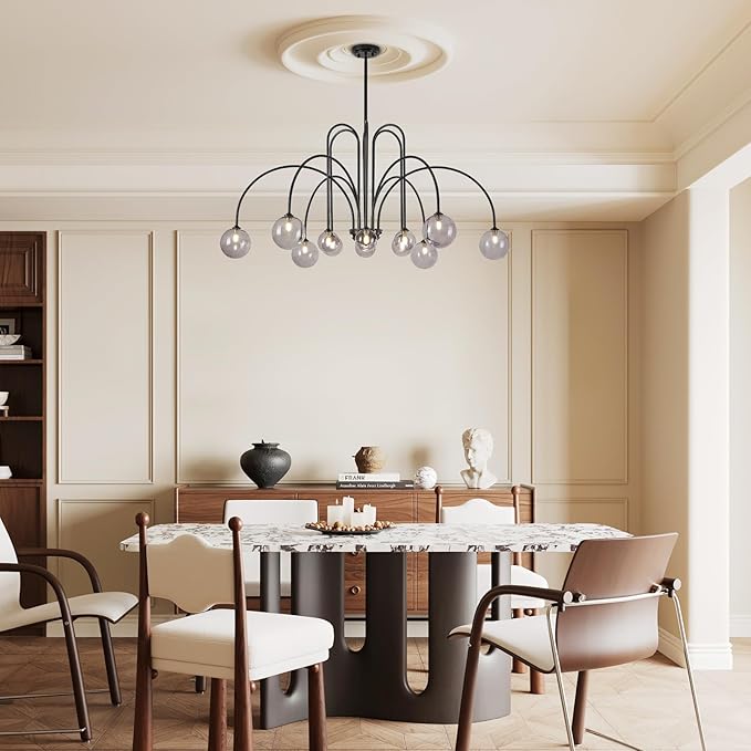 Modern Black Chandeliers Mid Century 12 Lights Sputnik Chandelier Large L52” Smoke Glass Globe Pendant Light Fixture for High Ceiling Foyer Staircase Living Dining Room