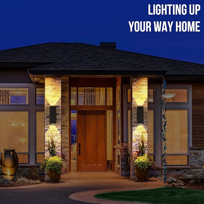 wowlite Outdoor Wall Lights Dusk to Dawn Sensor, 6000K Cool LED Up Down Sconce, IP65 Waterproof 13" Modern Square Matte Black Exterior Light Fixture Wall Mount for Porch Patio Garage, ETL Listed