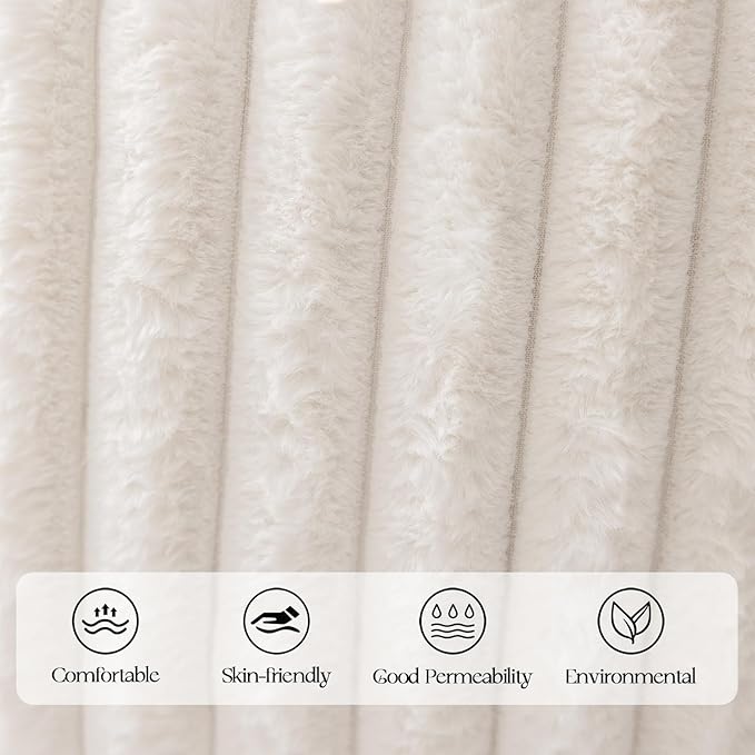 MOSAYT Faux Fur Double Throw Pillow Covers 16x16, Set of 2, Plush Velvet Soft Pillow Case,Fluffy Striped Decorative Couch Pillow Covers for Sofa, Bedroom, Living Room(Cream White)
