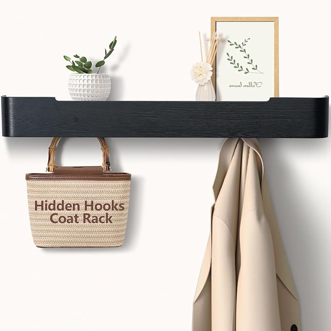 Coat Rack Wall Mount with Hidden Hooks Entryway Hanging Shelf Modern Wood Coat Hanger for Bedroom Kitchen Hallway Bathroom (Black,32.7 Inch Long)