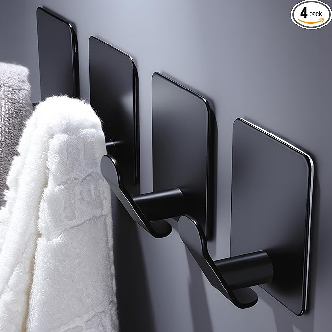 DELITON 4 Pack Adhesive Hooks - Towel Hook for Hanging Towels, Clothes and Bags, Matte Black Stainless Steel, Stick on Wall for Bathroom and Kitchen