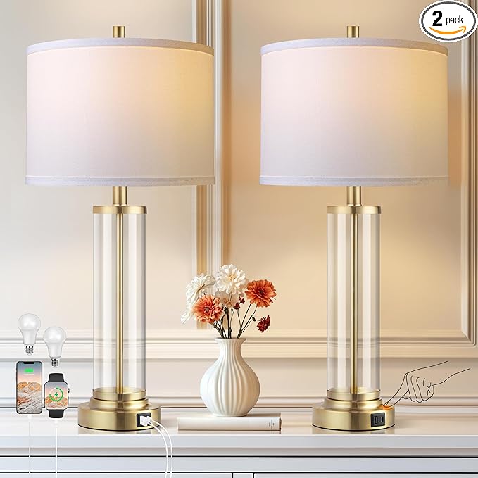 QiMH Lamps for Bedrooms Set of 2, Touch Control Table Lamps with USB A+C Ports, 3-Way Dimmable Bedside Lamp with Fabric Lampshade, Modern Nightstand Lamp for Living Room Bedroom (LED Bulbs Included)