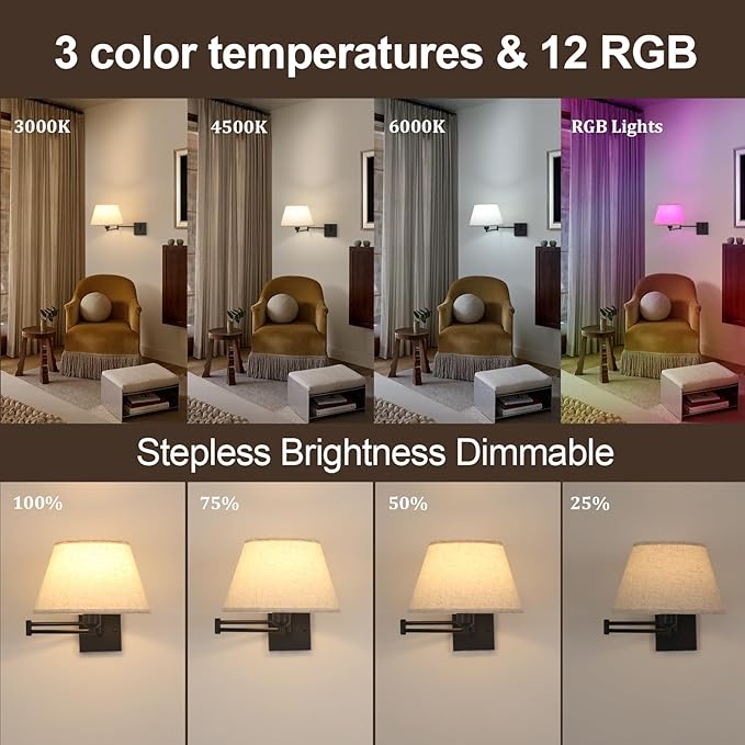 Battery Operated Wall Sconces Set of 2, Swing Arm Adjustable Wall Lamp 5000 mAh Rechargeable Bulb with 12 RGB Colors Dimmable Wall Sconce for Living Room Bedroom