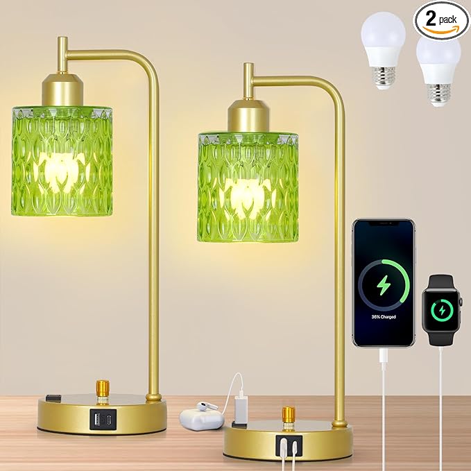 Green Table Lamp with USB Port and Outlet Set of 2, Glass Bedside Table Lamp for Bedroom, Retro Desk Lamps for Home Office, Mid Century Modern Small Night Stand Lamps, Gold Rustic Desk Light