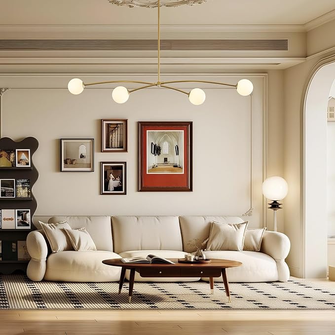 Modern Gold Sputnik Chandelier L51” Mid Century 4 Lights Milk Glass Globe Ceiling Pendant Light Fixture Contemporary for Kitchen Island Dining Room Bar Bedroom Home Office