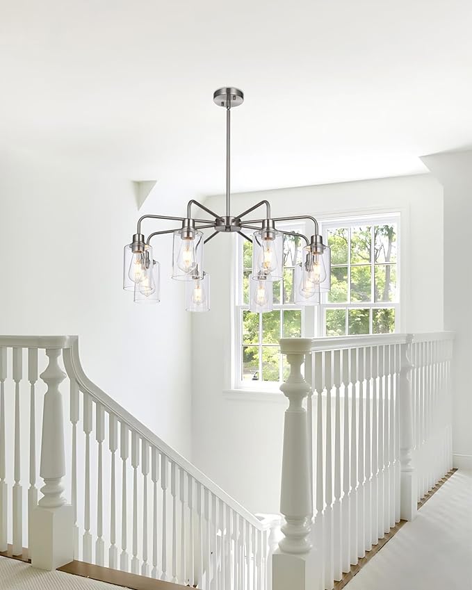 8-Light Brushed Nickel Chandelier with Clear Glass Shades, E26 Base Modern Pendant Light Fixture, Adjustable Swivel Heads Ceiling Lighting, Farmhouse Chandelier for Dining Room Kitchen Hallway