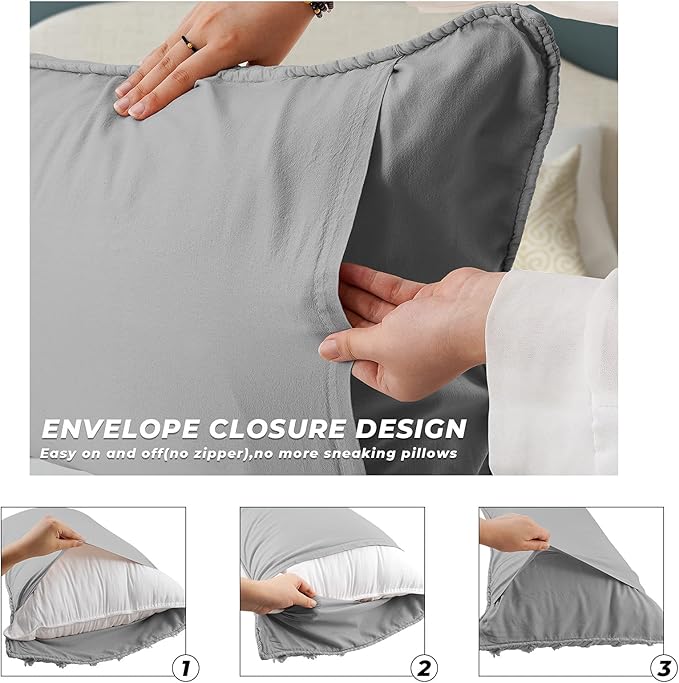 BOSOWOS King Size Pillow Shams Set of 2, Ultra Soft Breathable 20 x 36 Inches Pillow Case Envelope Closure, Microfiber Farmhouse Bed Pillowcases for Easy Care, Grey