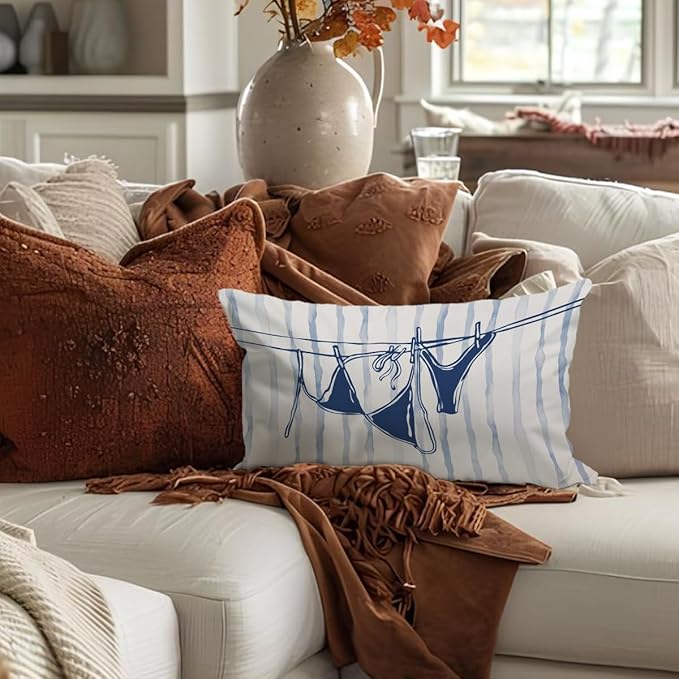 Beachy Coastal Throw Pillow Cover 12x20, Coastal Room Decor, Trendy Indoor Outdoor Lumbar Pillow Cover, Preppy Bikini Prints Girls Room College Dorm Sofa Couch Decor
