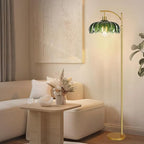 Gold Floor Lamp for Living Room,Bedroom,Mid Century Modern Standing Lamp with Remote,Dimmable Brass Tall Lamp Green Glass Lamp Vintage Retro Arc Floor Lamps Flower Floor Light Boho Bohemian