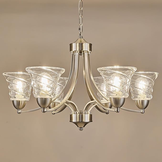 Modern Brushed Nickel Farmhouse Chandelier 6 Light Silver Chandeliers for Dining Room Adjustable Height Hanging Light Fixture with Clear Glass Shade,Pendant Light Fixture for Living Room Hallway Foyer