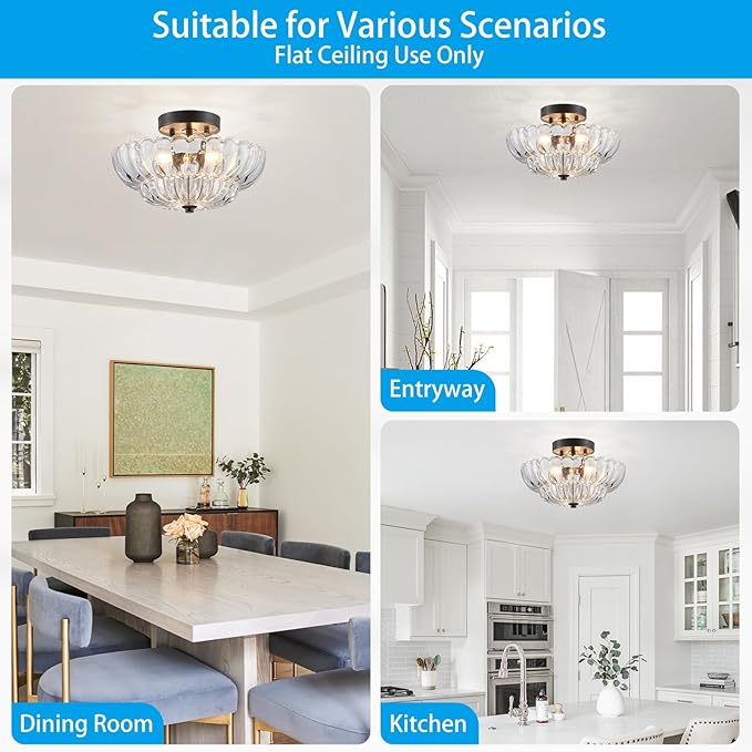 XINGQI Semi Flush Mount Ceiling Light Fixture Modern Black 3-Light Scalloped Glass Close to Ceiling Lighting for Living Room Entryway Bedroom Closet Hallway (Bulb Not Included)