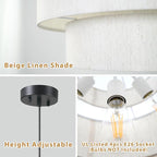 Pendant Lights with Beige Linen Drum Shade Chandelier Hanging Light Fixture 19.7" Pendant Lights Kitchen Island, Large Drum Pendant Light Fixtures 3-Tier Kitchen Chandelier for Entryway Living Room