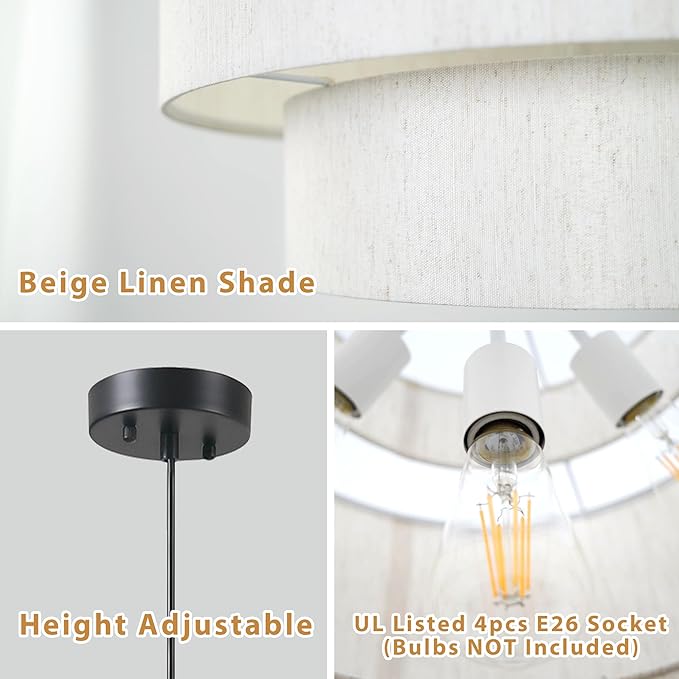 Pendant Lights with Beige Linen Drum Shade Chandelier Hanging Light Fixture 19.7" Pendant Lights Kitchen Island, Large Drum Pendant Light Fixtures 3-Tier Kitchen Chandelier for Entryway Living Room