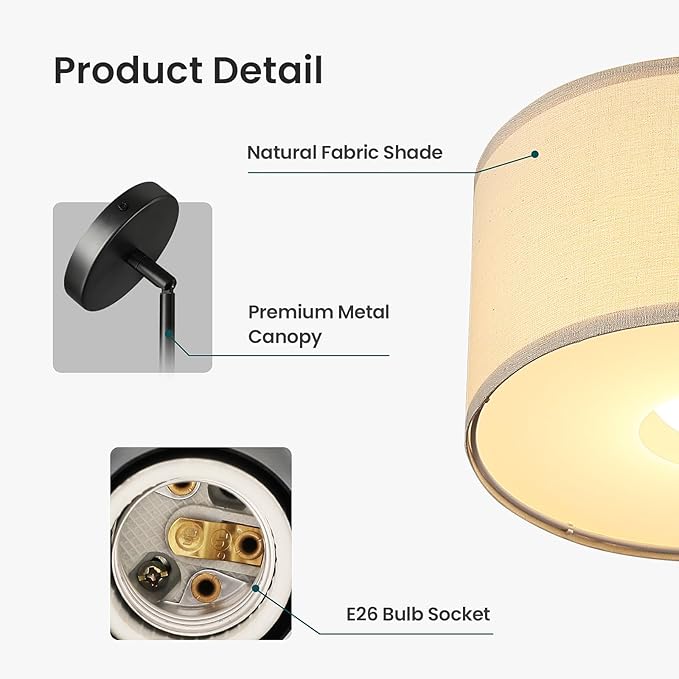 Semi Flush Mount Ceiling Light Fixture, 12'' Drum Chandelier with Classic Fabric Linen Shade, Modern Close to Ceiling Light for Bedroom, Hallway, Dining Room and Kitchen