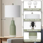 24.5″ Ceramic Table Lamps Set of 2, Modern Farmhouse Bedside Lamps for Bedroom Nightstand, Small Light Green Lamp for Living Room End Table (2 LED Bulbs Included)